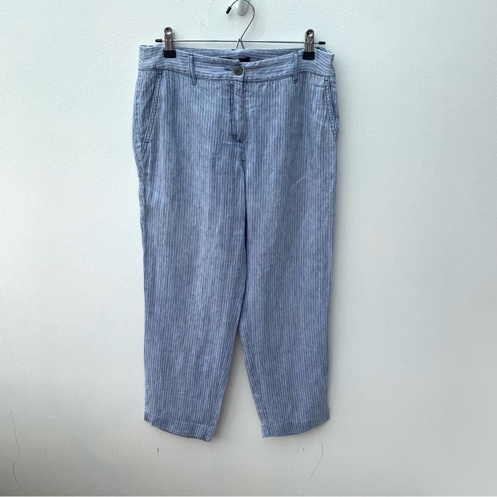 Maxmara Weekend Ladies Size 10 100% Linen Trousers Blue White Pinstripe - Picture 1 of 9